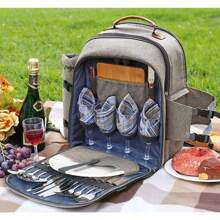 Sunflora Picnic Backpack For 4 Person With Blanket Picnic Basket Set For 2 With Insulated Cooler Wine Pouch For Family Couples (Blue & Stripe) - Brush Beige - View 9