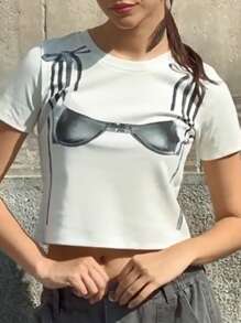 Women Crop Tops Bra Print Short Sleeve Round Neck Casual T-Shirts Summer Slim Fit Shirts Streetwear