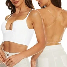 Backless Women Push Up Bra Super Boost Ladies Sexy Deep U Plunge Bra Invisible Underwear Body Shaper Shapewear Gathering Low Back With Transparent Shoulder Straps - White - View 1