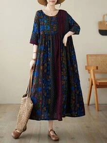 Women's Plus-Size Dress, Arabic Everyday Wear, Striped Print Dress, Summer Round Neck Sleeveless Casual Dress, Modest