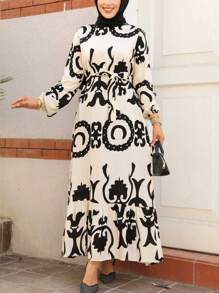 Geometric Print Long Sleeve Loose Dress, Elegant Casual Long Robe Dress, Suitable For Daily Commute, Modest - Apricot - View 1