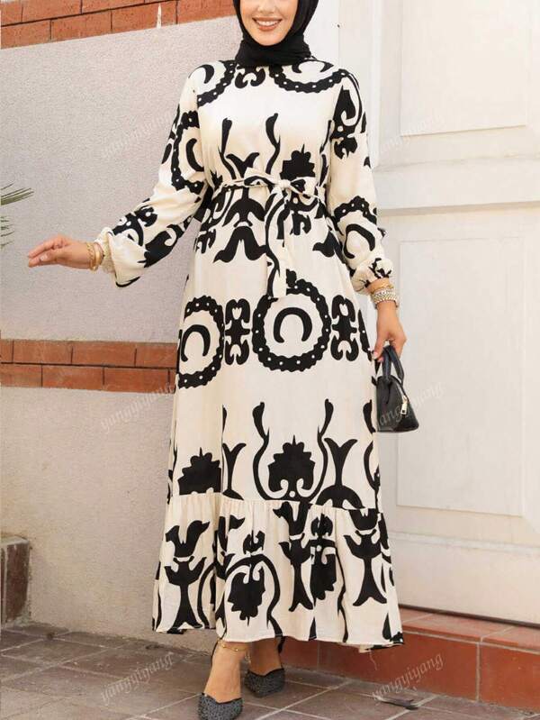 Abito lungo con manica lunga e stampa geometrica, vestito casual lungo ed elegante, adatto per l'uso quotidiano, modesto