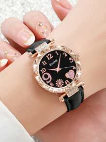 6 Stück/Set Quarz Sternenhimmel Zifferblatt Uhr mit PU Lederarmband und Seil mit schwarzen Perlen Liebe Armband, schwarze geometrische quadratische Figur, Blatt 5-teiliges Set, geeignet für den täglichen Lässig-Stil, einfach und elegant, die beste Wahl für Halloween, Weihnachten, Valentinstag, Muttertag, Urlaubsgeschenke