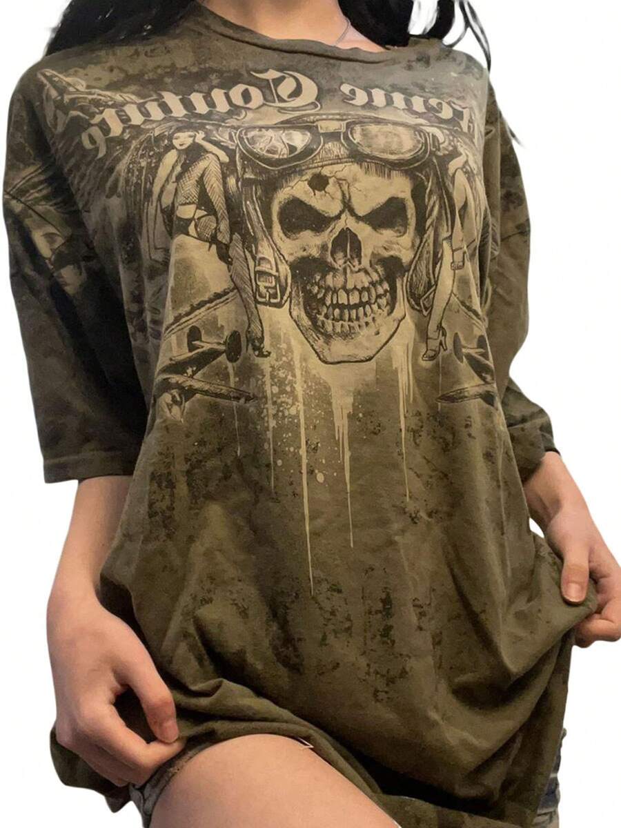 Women Vintage Oversized T Shirts Y2k Fairy Grunge Gothic Crew Neck Short Sleeve Graphic Printed Tees Skull Print Summer Loose Pullover Tops Streetwear Baggy Blouse Harajuku Aesthetic Clothes 2000s - 綠色 - 查看 1
