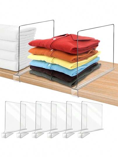 6pcs Acrylic Transparent Wardrobe Rack Organizer Dividers, Shelf Dividers, Drawer Divider, Suitable For Wooden Or Vertical Shelves, Closet, Bedroom, Office Desk, Kitchen, Organization For Clothes, Handbags, Wallets