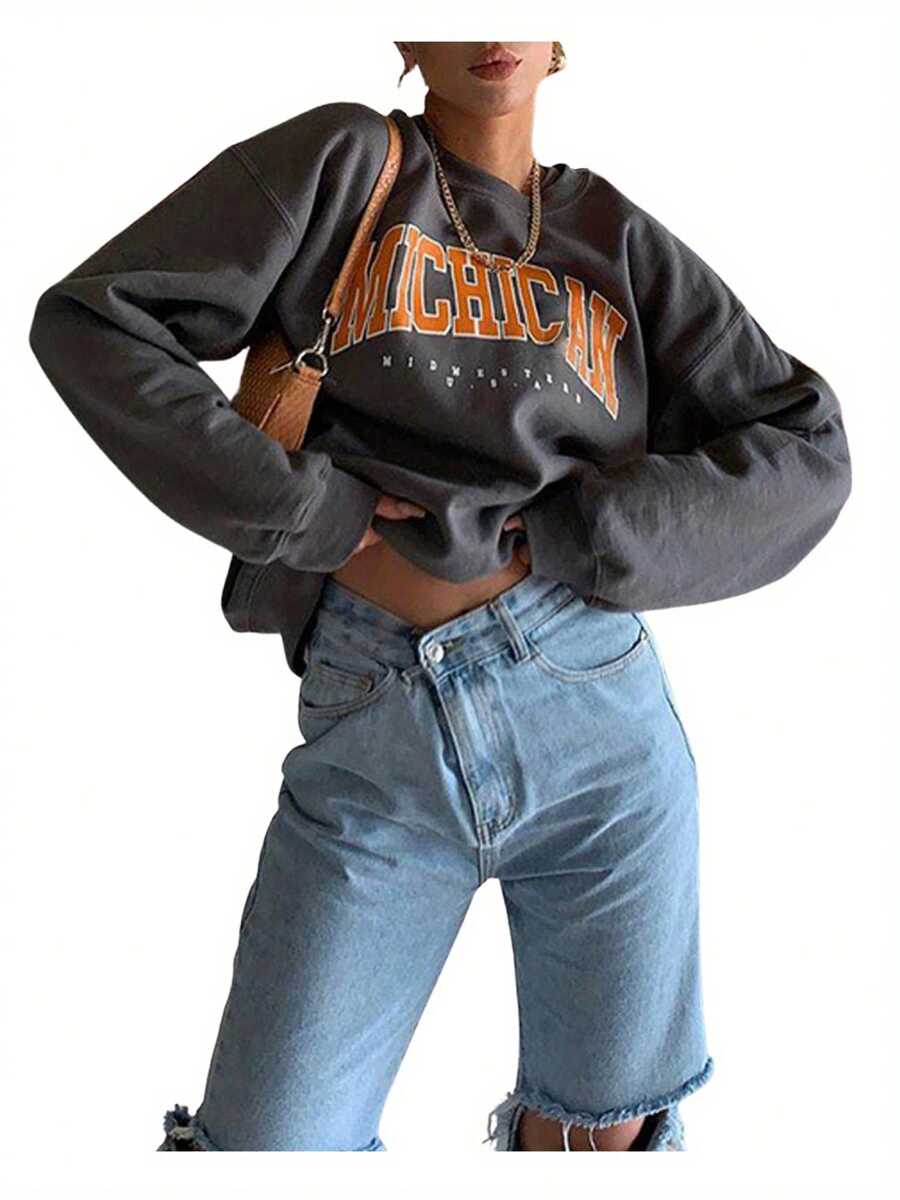 Women Spring Sweatshirt, Long Sleeve Alphabets Pattern Baggy Hoodies, Loose Spring/Fall/Winter Loose Pullovers - Grey - View 1