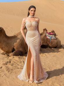 Faeriesty 华丽的无肩带仿珍珠装饰美人鱼裙摆串珠正式礼服和晚礼服，适合派对和婚礼，优雅 - 香檳色 - 查看 5