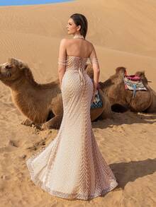 Faeriesty 华丽的无肩带仿珍珠装饰美人鱼裙摆串珠正式礼服和晚礼服，适合派对和婚礼，优雅 - 香檳色 - 查看 3