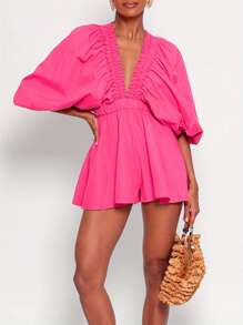 Women Deep V-Neck Rompers Solid Color/Plaid Bubble Sleeve Summer Short Jumpsuits Playsuits Streetwear - Hot Pink - View 4
