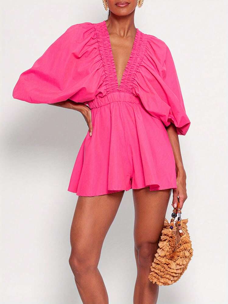 Women Deep V-Neck Rompers Solid Color/Plaid Bubble Sleeve Summer Short Jumpsuits Playsuits Streetwear - 玫紅色 - 查看 4