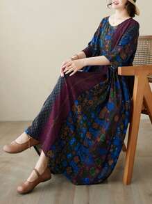 Women's Plus-Size Dress, Arabic Everyday Wear, Striped Print Dress, Summer Round Neck Sleeveless Casual Dress, Modest