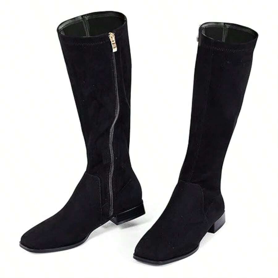 Knee High Boots For Women Comfy Flat Heel Vintage Square Toe Fall Winter Solid Side Zipper Costume Knight Booties - 黑色絨面 - 查看 1