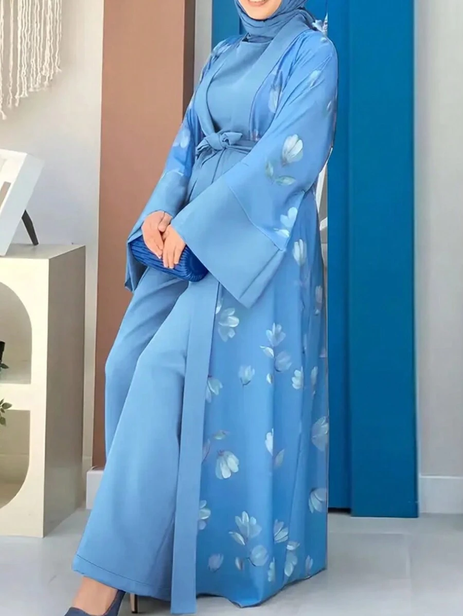 Damska, kwiatowa, długa, arabska, kaftanowa, narzutka na wakacje, skromna szata Abaya