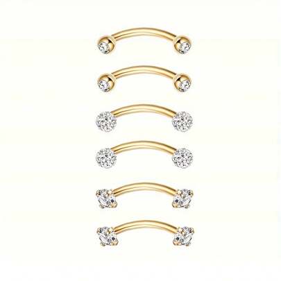 SENLANSP 6pcs Multifunction Stainless Steel Crystal Zirconia Nose Lip Eyebrow Rings, Hypoallergenic Body Piercing Jewelry