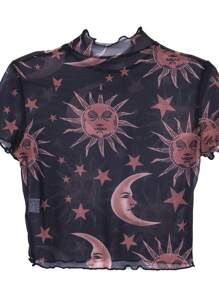 Women See-Through T-Shirts Mesh Crop Top Transparent Moon Star Print Tee - Black - View 6
