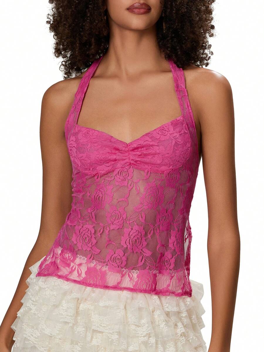 Y2k Lace Tank Tops For Women Tie-Up Halter Tops Sleeveless Vests Tops Summer Casual Slim Fit T-Shirts Lace Floral Cropped Tank Tops Going Out Tops For Club Streetwear Fairy Aesthetic  Clothes - Màu Hồng Tươi - Xem 1