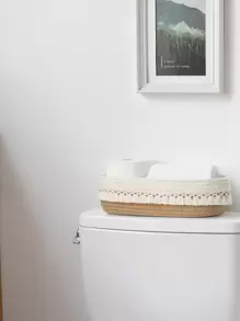 1pc Simple Handwoven Storage Basket With Tassel, Multipurpose Rope Organizer Box, Unique Bathroom Toilet Paper Holder, Elegant Double Handle Desktop Basket, Home Decor, Basket, Gift Basket, Basket For Gifts Basket, Can Storage, Basket, Diaper Bin, Pregnancy Pillow, Yellow, Pink, Kitchen Tools, Organizer Kitchen, Makeup Organizer, Wedding Items, Bohemian Rope Plant Pot Basket, Natural Mix Rattan Garden Decor, Metal Frame Boho Baskets For Outdoor Coastal Vibes,Geometric Basket