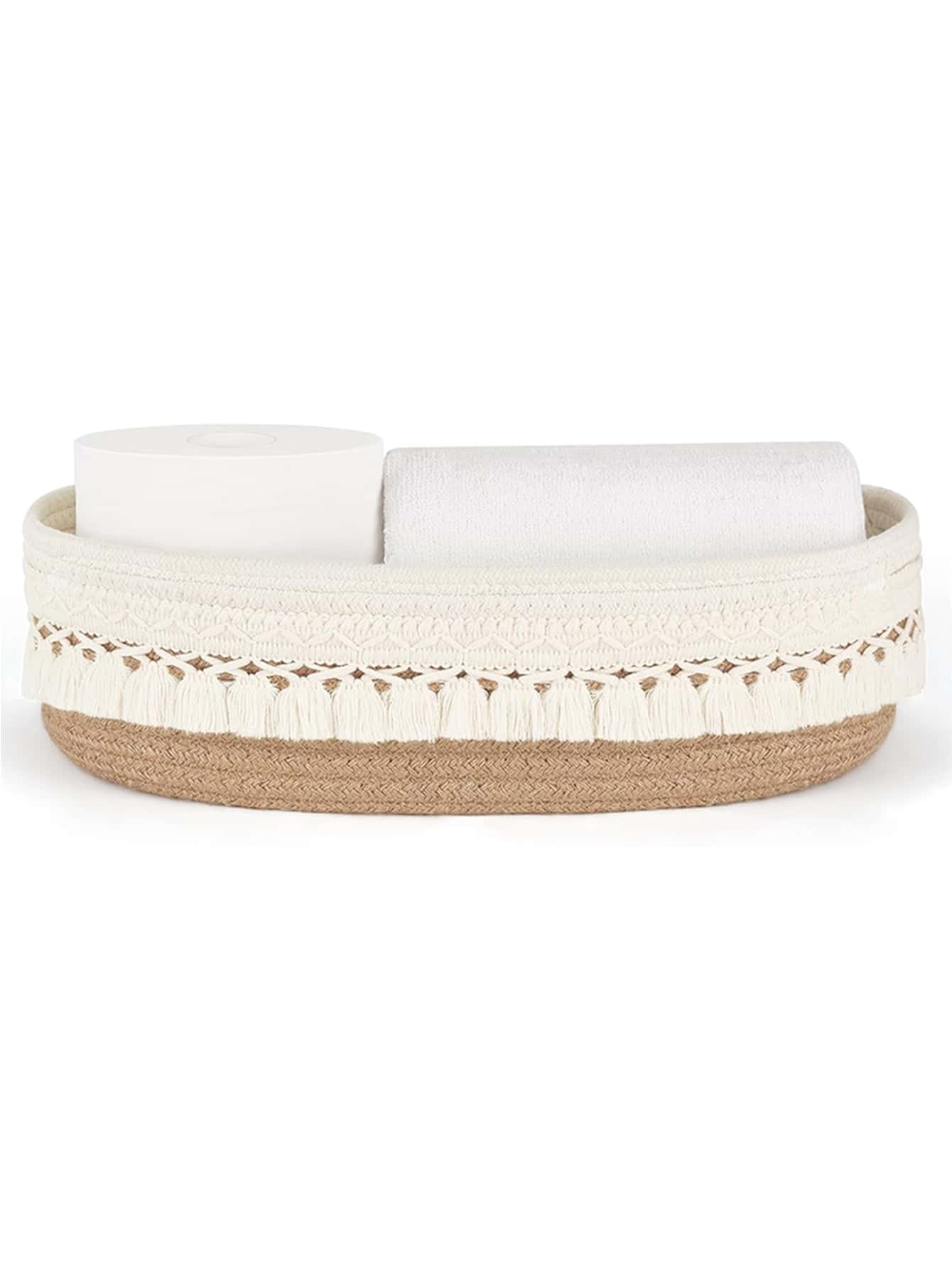 1pc Simple Handwoven Storage Basket With Tassel, Multipurpose Rope Organizer Box, Unique Bathroom Toilet Paper Holder, Elegant Double Handle Desktop Basket, Home Decor, Basket, Gift Basket, Basket For Gifts Basket, Can Storage, Basket, Diaper Bin, Pregnancy Pillow, Yellow, Pink, Kitchen Tools, Organizer Kitchen, Makeup Organizer, Wedding Items, Bohemian Rope Plant Pot Basket, Natural Mix Rattan Garden Decor, Metal Frame Boho Baskets For Outdoor Coastal Vibes,Geometric Basket