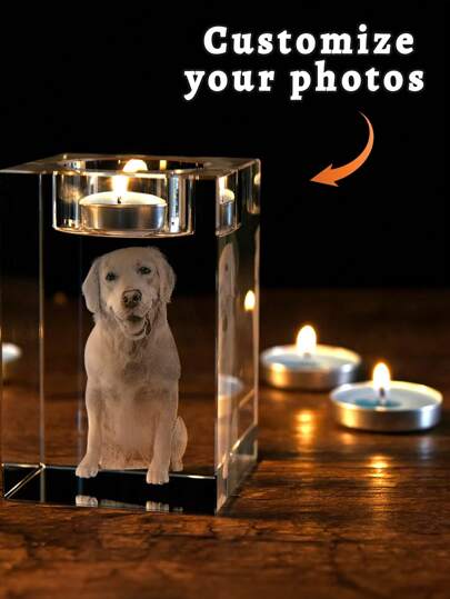 1 pieza Portavelas conmemorativo personalizado, regalo de condolencias para amantes de las mascotas, por la pérdida de un perro, de cristal con grabado láser, memorial de mascota | Portavelas de cristal 3D con foto