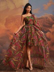 VIPGIRL 优雅绿色单肩薄纱礼服，花卉印花，高低下摆，长袖，背部系带细节，优雅晚礼服，女士舞会礼服，女士礼服，婚礼宾客礼服派对礼服