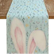 Bunny Eggs Carrot Leaves Easter Table Runner, Eucalyptus Point Bunny Spring Polka Dot Table Decoration, Bunny Bunny Ears Flower Spring Holiday Farmhouse Blue Linen Interior Home Table Decoration - Multicolor - View 4