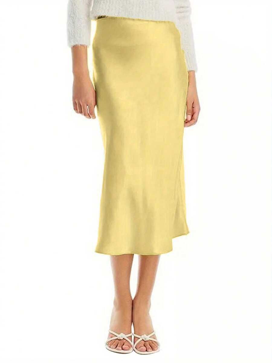 Women Long Satin Summer Fall Skirt Silk Elegant High Waist Cocktail Party Wedding Flared A-Line Midi Skirts - 黃色 - 查看 1