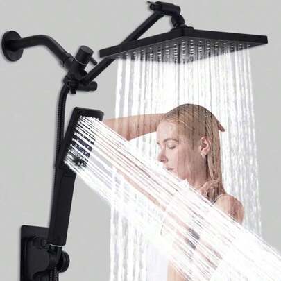 哑光黑手持花洒套装，单头手持式，不含浴室配件。此款套装与标准款的区别在于配有10英寸延长臂。