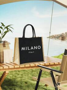 1 Set Linen Tote Bag, Includes 1 Tote Bag Printed With "Milan, Italy" Text And 1 Floral & Letter Printed Small Pouch, Personalized Gift Packaging, Suitable For Wedding, Birthday, Beach, Holiday And More, Perfect Gift For Women, Mothers, Teachers, Friends, Bridesmaids, Students And Back To School - Black - View 8