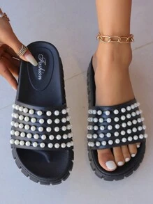 女士水钻露趾平底凉鞋闪亮一脚蹬拖鞋系带闪光休闲优雅平底凉鞋夏季 - 黑色 - 查看 1