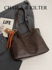 1pc Solid Color PU Leather Fashion Shoulder Bag For Women, Vintage Handbag With Snap Closure & Zipper, Large Capacity Tote Bag Suitable For Travel, Shopping, Dating, Gift For Ladies, Fit For Teens, College Girls, Young Professionals, Great For Office, School, Work, Business, Commute, Outdoor, Travel (With Pendant)'