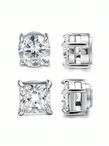 2 pares/conjuntos de brincos quadrados redondos de zircônia magnética para homens e mulheres, brincos banhados a prata, sem furos na orelha, uso diário, joias para festa de aniversário, presente para namorada, namorado, esposa, acessórios para casais