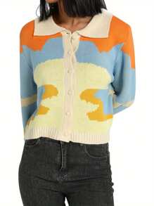 Women's Button Down Sweater Tops, Casual Long Sleeve Color Block Knitted Lapel T-Shirts - Blue - View 5