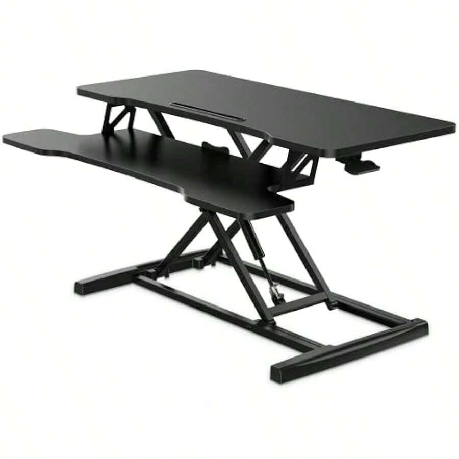 Height Adjustable Standing Desk Converter 91.5x40 Cm With Large Keyboard Tray And Phone Holder For Computer Laptop Dual Monitors Riser Black - Black-91.5cm - View 1