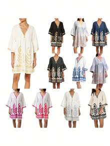Cccoqdj Women's Embroidered Mini Dress Summer Nightgown 3/4 Sleeve V Neck Pattern Print Short Nightdress Boho Tunic Dress - 灰色 - 查看 5