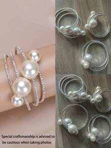 1件精美水钻和仿珍珠装饰手镯，女士日常装饰优雅情人节配饰 - 白色 - 查看 2