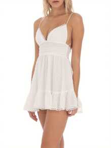 Women Cami Dress Swiss Dot V-Neck Spaghetti Strap Sleeveless Mini Dress A-Line Dress Summer Tie-Up Backless Dress