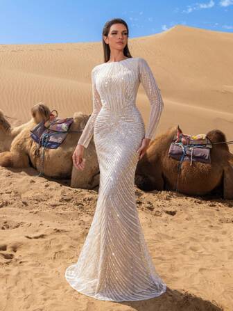 Faeriesty Haute Glamour 奢华优雅亮片晚礼服，饰有醒目的串珠细节和贴身鱼尾，非常适合新娘派对、豪华婚礼、红毯盛典和高端时装秀