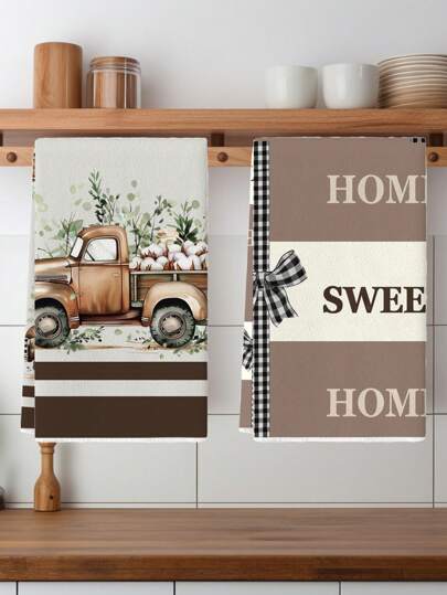 2 件装家居甜蜜家居厨房洗碗巾卡车花瓶花环干燥布茶巾用于烹饪烘焙装饰