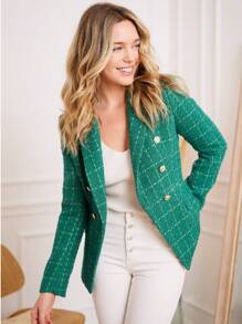 Blazer ajusté en tweed uni pour femme – Classique, élégant, design de couleur unie avec boutons dorés, parfait pour le travail, les occasions formelles et les rendez-vous.