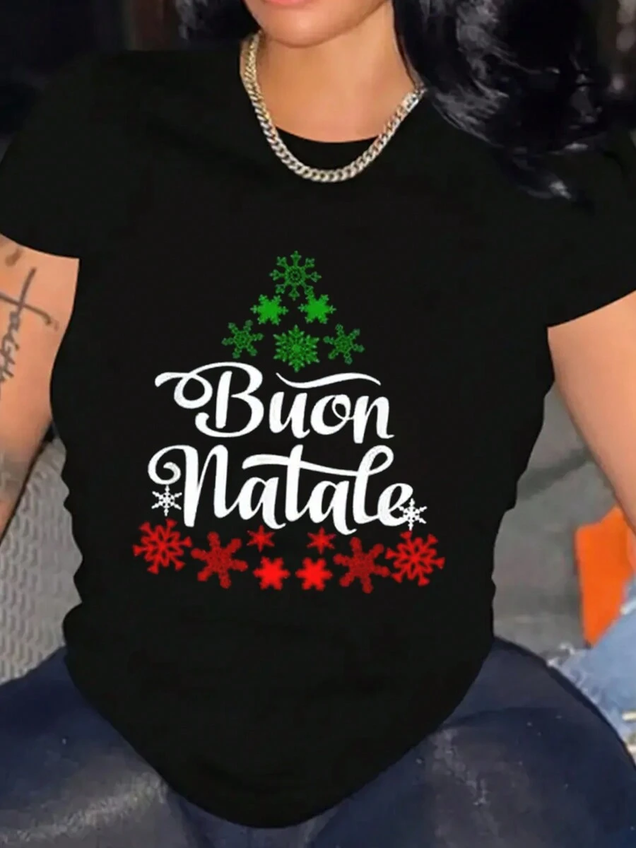 Women's Buon Natale Graphic Print Tee Casual Short Sleeve Shirt Breathable For Everyday Wear - 黑色 - 查看 1