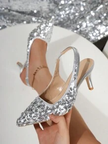 Décolleté da donna con tacco alto sottile e cinturino, con glitter argentati