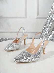 Décolleté da donna con tacco alto sottile e cinturino, con glitter argentati