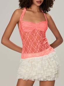 Women's Y2k Sheer Lace Halter Tank Tops Lace See Through Sleeveless Slim Fit Tops Backless  Tie Up Vest Tops Summer Going Out Crop Tops Clubwear - 亮橙色 - 查看 3