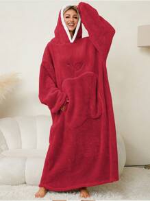 1 pièce Peignoir long à capuche en flanelle avec poche en forme de pomme, vêtement d'intérieur chaud et douillet