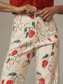 Women Wide Leg Denim Pants Casual Loose Fruit Print Crop Capri Jeans Trousers For Work Office Streetwear