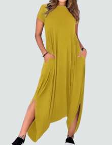 Palazzo Style Jumpsuit Round Neck With Short Sleeves, Wide Straight Palazzo Cut And Side Slits