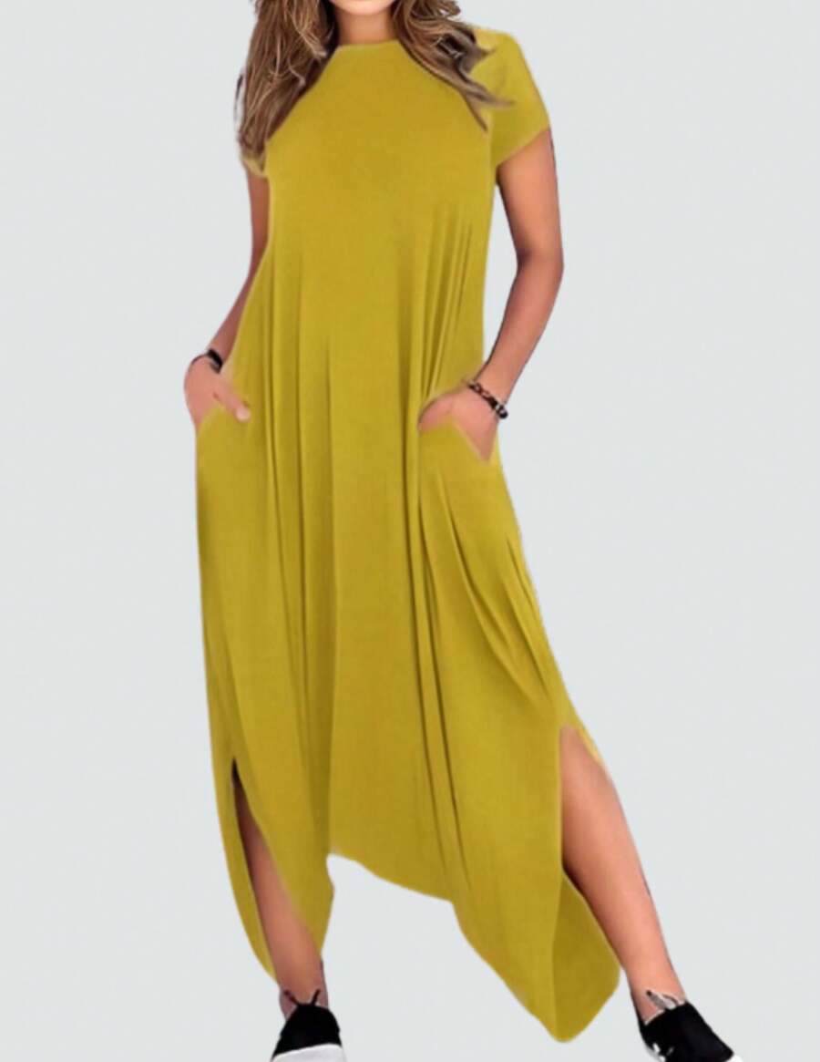 Palazzo Style Jumpsuit Round Neck With Short Sleeves, Wide Straight Palazzo Cut And Side Slits
