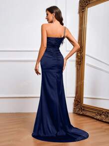 Elegante enkele feestjurk, dames kristal versierde asymmetrische schouder hoge split maxi-jurk voor bal, lente/zomer