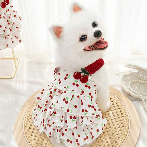 Dog Dresses For Small Dogs Girl Summer Puppy Clothes Outfit Apparel Female Cute Cat Skirt Cherry Print Ruffles Pet Dress