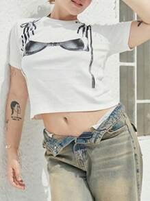 Women Crop Tops Bra Print Short Sleeve Round Neck Casual T-Shirts Summer Slim Fit Shirts Streetwear